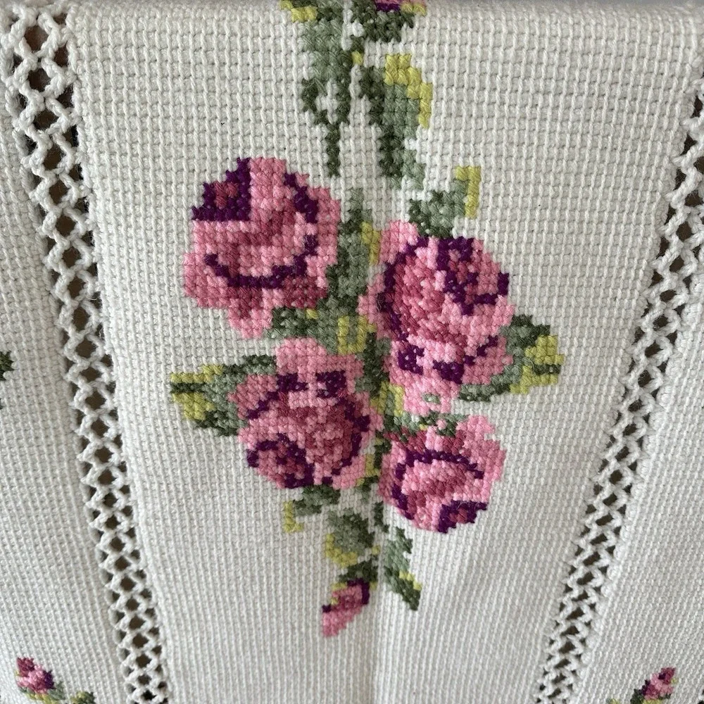 Hand Crochet Afghan Blanket Throw Cottage Rose Cross Stitch Cottagecore 75x60